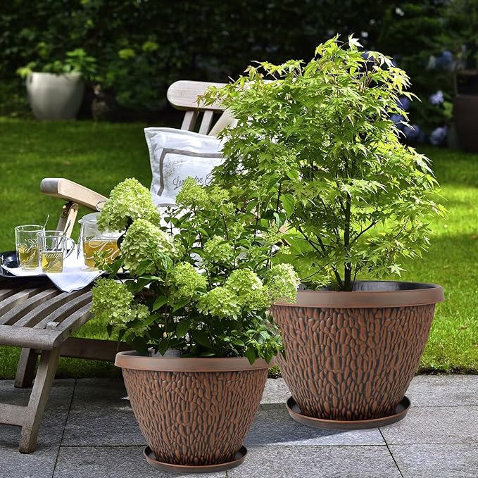 16 Inch Large Outdoor Plant Pot, 4 Pack Thickened Flower Pots with Drainage Holes & Saucer, Pebbles Pattern Design Tree Planters Outdoor for Garden Porch Home-HomvellaHome