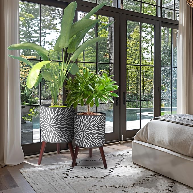 10 & 12 Inches Plant Pot with Stand Set of 2, Large Matte Gray Modern Planters for Indoor Outdoor Plants with Drainage Holes, Big Flower Pots with Wood Legs-HomvellaHome