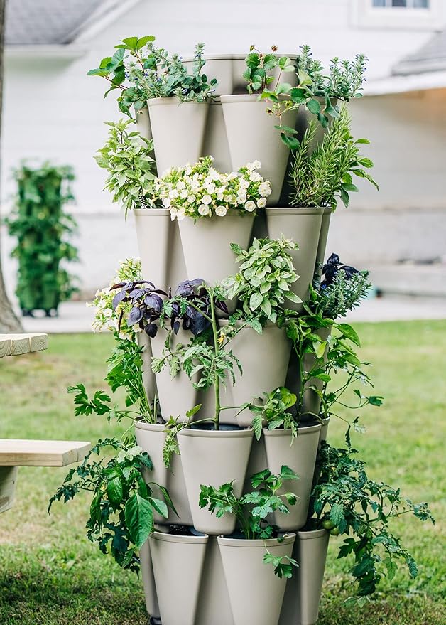 Greenstalk Patented Large 5 Tier Vertical Garden Planter with Patented Internal Watering System Great for Growing a Variety of Strawberries, Vegetables, Herbs, & Flowers (Stunning Stone)-HomvellaHome