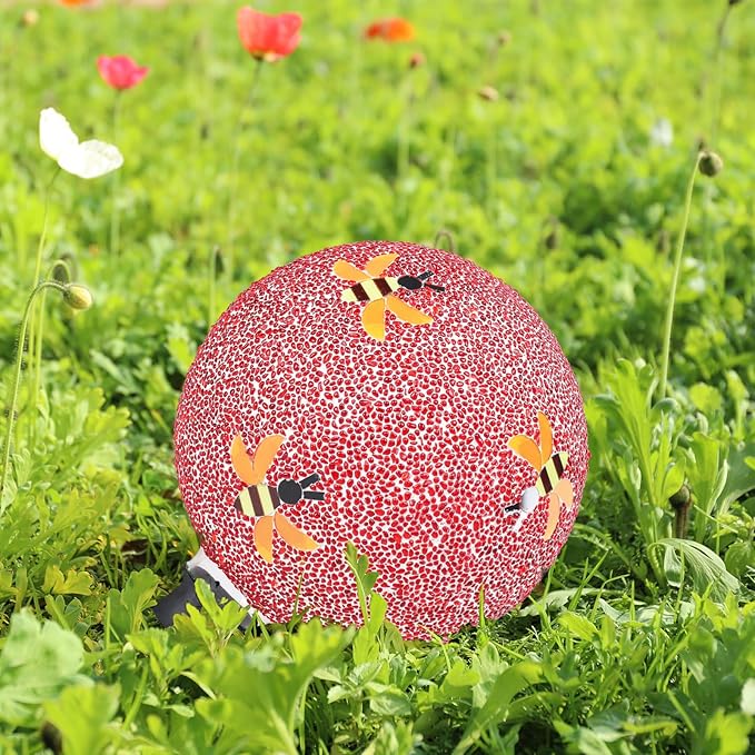 Gazing Ball 8 Inch Bee Glass Mosaic Garden Globe Outdoor Gazing Globe Yard Ornament for Garden Yard Home Lawn Outdoor Decoration Gift for Women (Not Solar Powered)-HomvellaHome