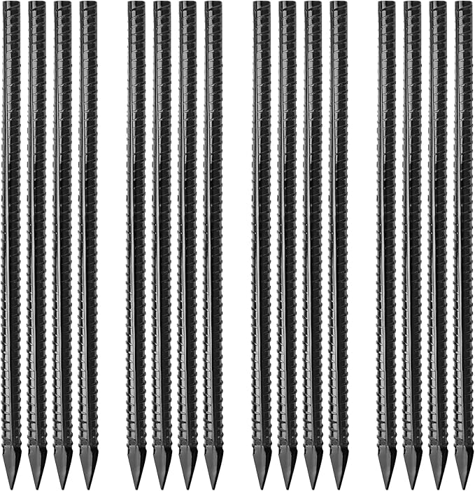 16 inches Ground Rebar Stakes (16 pcs) Heavy Duty Metal Spikes for Concrete Timber Garden Plant, Long Straight Steel Stakes for Tent, 3/8" Thickness Ground Anchors with Chisel Point End, Black-HomvellaHome