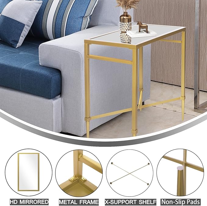 Gold End Table, Rectangle Side Table with Mirrored Top, Modern Metal End Table, Small Narrow Side Table for Living Room, Balcony, 22" L x 12.4" W x 24" D-HomvellaHome