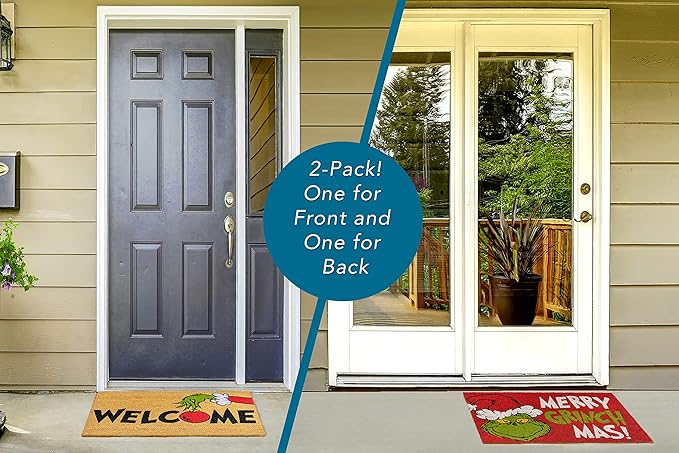 Gertmenian Disney Mickey Mouse Doormat Rug Retro Front Door Coir Mat Home Indoor Outdoor Entryway Carpet, 2-Pack 20x34, The Grinch Welcome/Merry Grinchmas-HomvellaHome