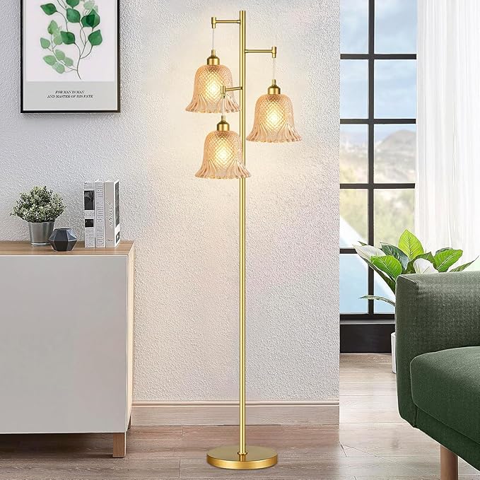 Gold Floor Lamp for Living Room,Bedroom,Tree 3 Light Standing Lamp Mid Century Modern Brass Tall Floor Lamps Vintage Retro Floor Lights Glass Green Flower Lamp Shade Farmhouse Boho Bohemian-HomvellaHome