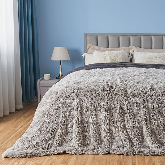 GONAAP Fuzzy Faux Fur Throw Blanket Queen Size Frosty Grey Super Soft Cozy Plush Fuzzy Shaggy Blanket for Couch Sofa Bed (Frosty Grey, Queen(90"x90"))-HomvellaHome