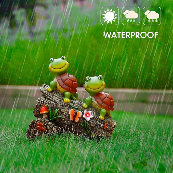 Garden Turtle Figurines Outdoor Decorations, Solar Powered Sweet Frog Face Turtles Resin Statue with 4 LED Lights, Garden Art Spring Fall Winter Christmas Decor for Patio Lawn Yard-HomvellaHome