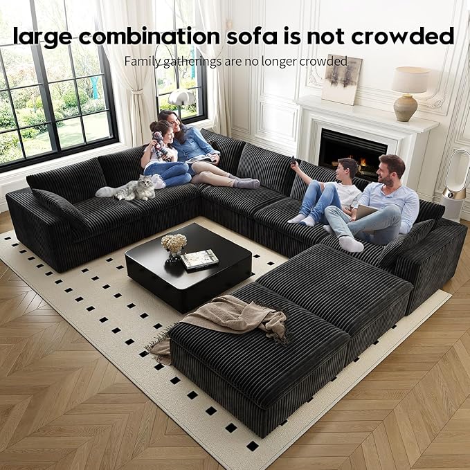 157.5" Cloud Couch Oversized Modular Sectional Sofa for Living Room,Modern Sofa with Deep Seat，8 Seater Boneless Couch with 2 Ottoman,Comfy Upholstered Couches for Apartment, Studio, Office,Black-HomvellaHome