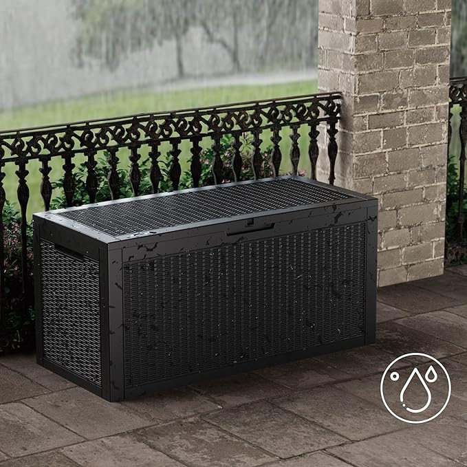 100 Gallon Resin Deck Box, Waterproof Outdoor Storage Bin for Patio Furniture, Pool Accessories, and Garden Tools, Lockable & UV-Resistant, Black-HomvellaHome