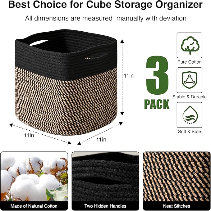 11 Inch Cube Storage Bins, Storage Cube Organizer Bins, Woven Cotton Rope Baskets for Storage, Storage Basket for Organizing Shelves, Square Baskets for Toys Nursery, Black & Jute (Pack of 3)-HomvellaHome