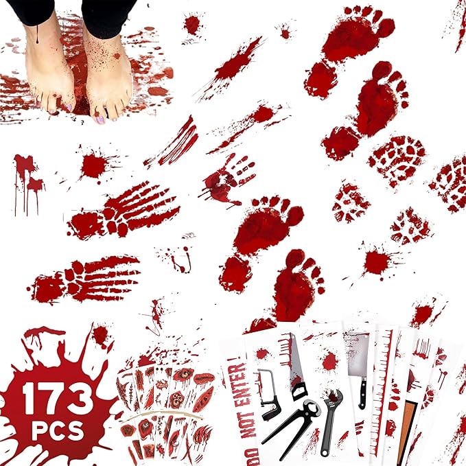 173PCS Halloween Bloody Footprints Floor Clings Plus Tattoos - Hallowmas Handprint Zombie Restroom Sign Decals Party Decorations-HomvellaHome