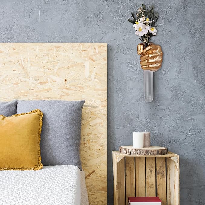 Gold Wall Sculptures, Hand Vases Home Decor, Wall Mount Art Sculpture, Unique Wall Art Statue, Funky Flower Vase Decorations, Modern Eclectic Hanging Decor,Glass Test Tube Vase-HomvellaHome