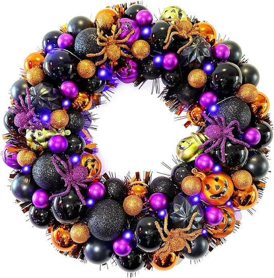 17 Inch Halloween Ball Wreath for Front Door with Lights, Lighted Cute Treat-or-Trick Door Wreath Ball Ornament for Halloween Indoor Decorations Centerpiece Party Holiday Wall Home Decor-HomvellaHome