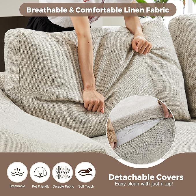 112" L Shaped Sectional Sofa with Detachable Sofa Cover, Reversible Sectional Modular Couch for Living Room, Linen Fabric Corner Couch with 7 Seats, Oatmeal-HomvellaHome
