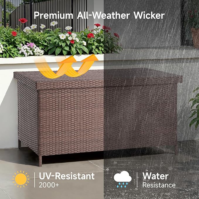 158 Gallon XL Deck Box with Lid, All Weather Wicker Outdoor Storage Box Waterproof, Large Outdoor Patio Storage Bin for Cushions, Garden Tools, Gears, Pool Accessories, Brown-HomvellaHome