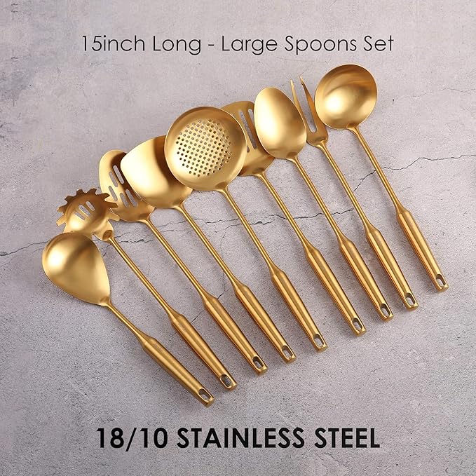 Gold Kitchen Utensils Set - 18/10 Stainless Steel Cooking Tools, 15" All Metal Serving Utensils with Fork, Solid/Slotted Spoon, Spatula, Ladle, Skimmer, Tunner, Pasta Spoon, Large Spoon, Set of 9-HomvellaHome
