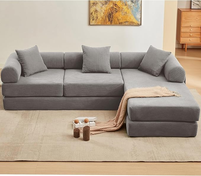 107" Oversized Convertible Sleeper Sofa Bed, Corduroy L Shape Sectional Couch, Folding Sofa Bed with Side Pocket, Modern Cloud Floor Mattress Couch, Modular Sofa for Living Room, Grey-HomvellaHome