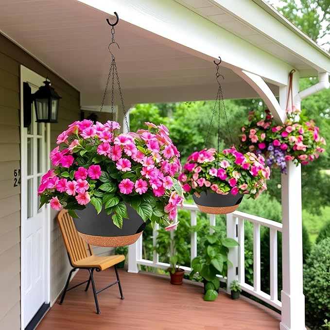 2 Pack 12 Inch Large Hanging Planters with Chains Self Watering Black Brown Plastic Hanging Pots for Indoor Outdoor Plants, Garden Porch Home Decor，Black Brown-HomvellaHome
