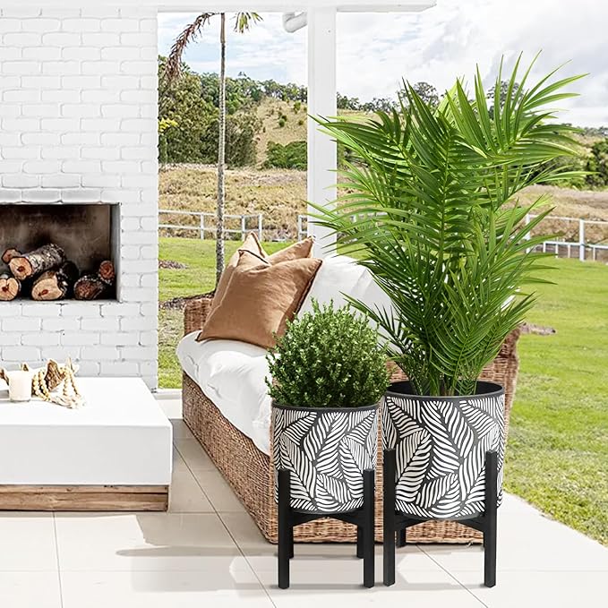 10 & 12 Inches Plant Pot with Stand Set of 2, Decorative Palm Leaves Printing Planter with Holder, Garden Pot for Snake Plant, Monstera, Houseplants - Indoor Outdoor Flower Pots with Drainage Holes-HomvellaHome