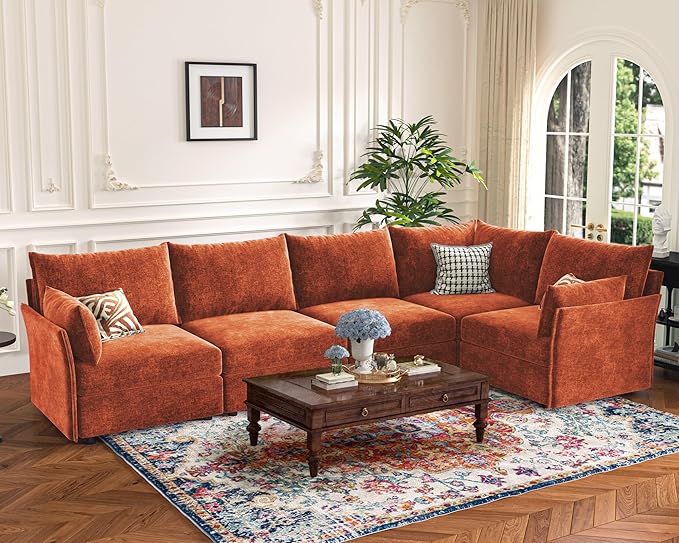 136.4" Oversized Modular Sectional Sofa, U Shaped Convertible Couch with Movable Ottoman, Large 7 Seat Corner Couches for Living Room Deep Seat Terracotta Orange Chenille-HomvellaHome