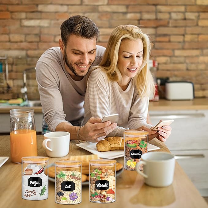 Glass Jars with Bamboo Lids 20 oz, 12 Pcs Stackable Kitchen Glass Pantry Storage Containers with Airtight Bamboo Lids for Rice, Candy, Sugar, Flour, Nuts, Cookie, Bean-HomvellaHome