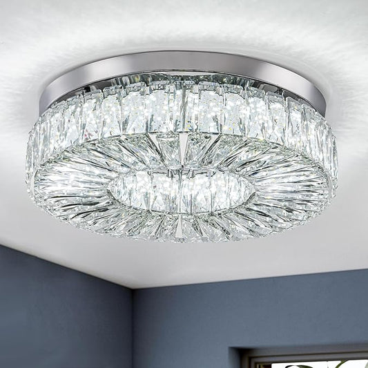 16.5" Crystal Chandelier LED Modern Flush Mount Ceiling Light Fixtures Round Ring Luxury Large Chandelier for Living Room Bedroom Dining Room Entrance (Cool white-16.5")-HomvellaHome