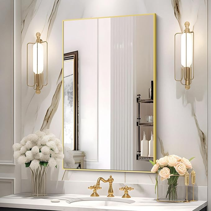 Gold Bathroom Mirror for Wall, 30x48 Inch Rectangle Mirrors with Metal Frame, Modern Vanity Wall Mirror Decor for Bathroom Living Room, Entryway Hangs Horizontal or Vertical-HomvellaHome
