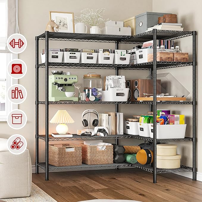 REIBII 5 Tier Wire Shelving Storage Shelves Loads 1430LBS, 58" W Metal Shelving for Storage Adjustable Shelving Unit Heavy Duty Garage Shelves Pantry Shelves Kitchen, Black-HomvellaHome