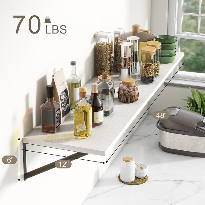 12 Inch Deep Floating Shelves, White Floating Shelves 48W x 12D, Deep Wall Shelves Bracket Set of 2, Large Display Hanging Floating Shelf for Bathroom, Living Room, Wide Storage Wooden Wall Shelf-HomvellaHome