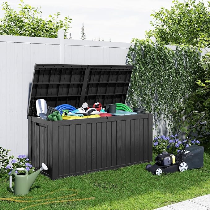 180 Gallon Resin Deck Box, Lockable Patio Outdoor Storage Box for Furniture, Garden Tools and Tools Storage, Waterproof Outside Storage Boxes - Black-HomvellaHome