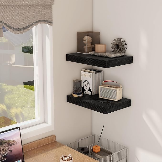 12 Inch Deep Black Floating Shelves, 16 x 12 Floating Shelf for Books, Rustic Wood Deep Wall Shelves for Home Storage & Display, 2" Thicked Shelves for Kitchen, Living Room, Bedroom, 2 Pack-HomvellaHome