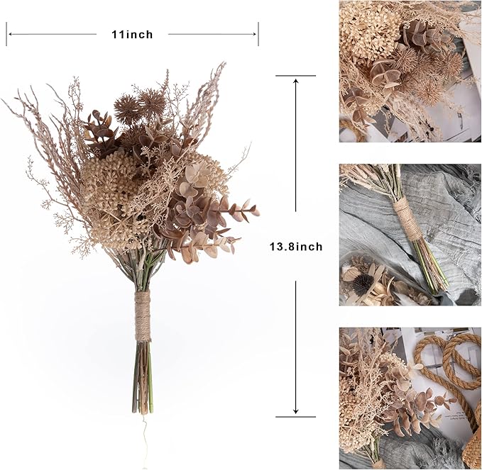 2 Pack Boho Artificial Flowers Plants Bouquet Decoration 13.8inch, Fake Plastic Brown Eucalyptus and Beige Grasses, Faux Floral Arrangement for Wedding Centerpieces Party Home Fall Decor-HomvellaHome