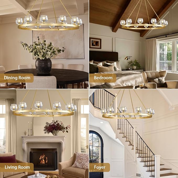Gold Wagon Wheel Chandelier, 48 Inch Brass Chandeliers with Unique Glass Shade, 12-Light Crystal Large Wagon Wheel Chandeliers for Dining Room, High Ceiling Round Chandelier for Living Room, Foyer-HomvellaHome