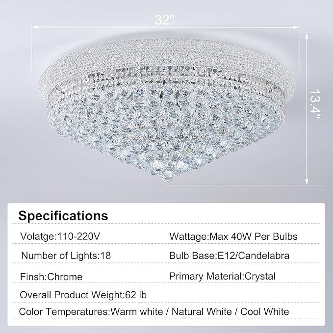 18-Light 32 inch Large Crystal Chandelier Flush Mount Ceiling Light Fixture for Living Room Dining Room Bedroom Foyer Entryway Chrome Finish-HomvellaHome