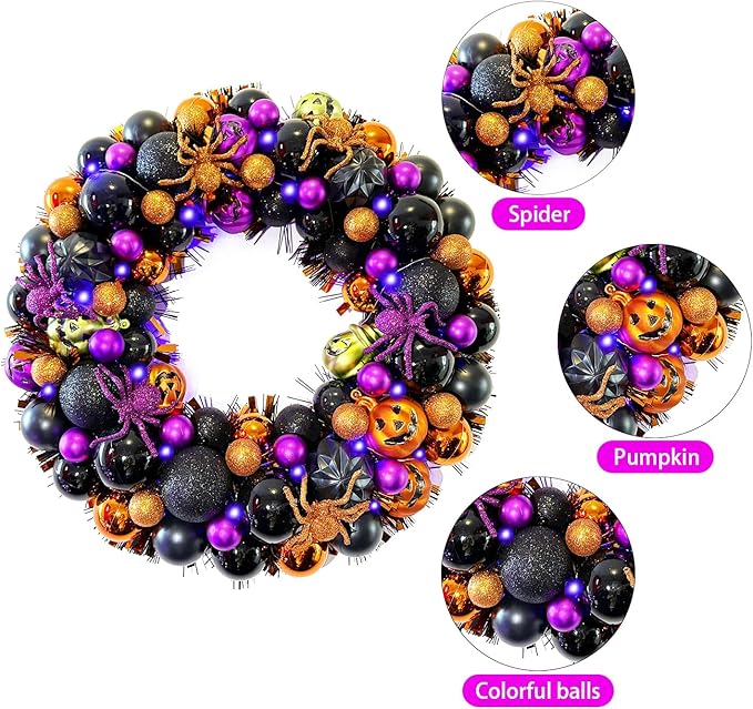 17 Inch Halloween Ball Wreath for Front Door with Lights, Lighted Cute Treat-or-Trick Door Wreath Ball Ornament for Halloween Indoor Decorations Centerpiece Party Holiday Wall Home Decor-HomvellaHome