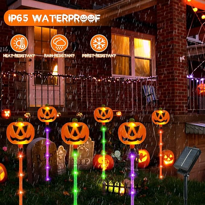 12 Pack Solar Pumpkin Lights for Halloween Decorations Outdoor, Waterproof Halloween Pathway Lights with 8 Modes, Orange Purple and Green Halloween Walkway Stake Lights for Yard Garden Party Decor-HomvellaHome