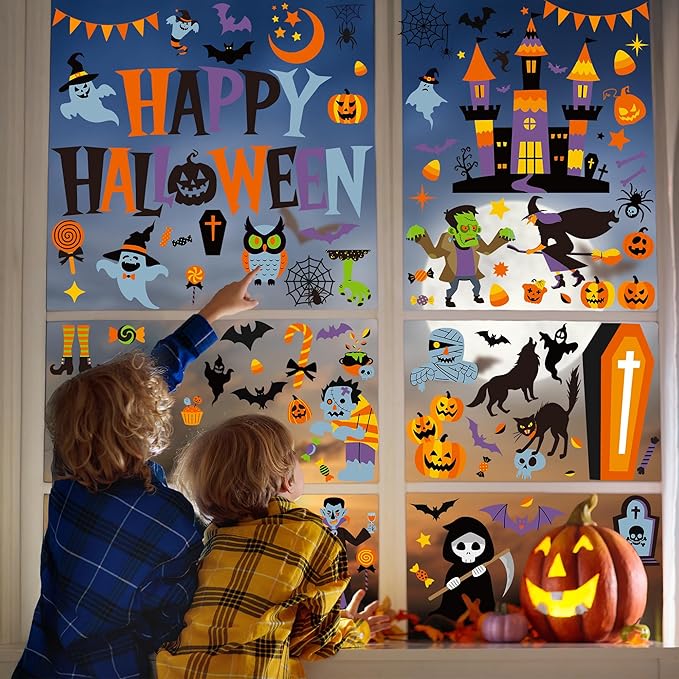 115PCS Halloween Window Clings, 9 Sheets Halloween Decorations, Cute Witch Tree Zombie Ghost Patterns PVC Window Stickers for Treat or Trick Party Favors Decal Supplies Decor Accessories-HomvellaHome