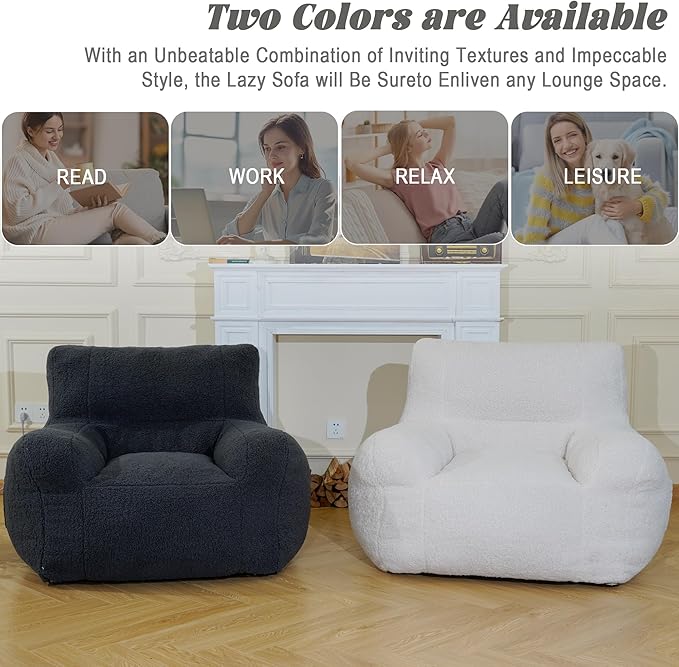 Giant Bean Bag Chair, Lambswool Bean Bag Chair for Adults, Eco-Friendly Filling Soft Bean Bag, White Been Bag for Bedroom, Living Room-HomvellaHome