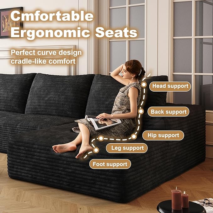 136" Sectional Couches for Living Room Modern Modular Sofa with L-Shape Couchs Upholstered Boneless Couch Deep Seat Sectional Couch with Chaise (Black, Right Facing Chaise+3Seaters)-HomvellaHome