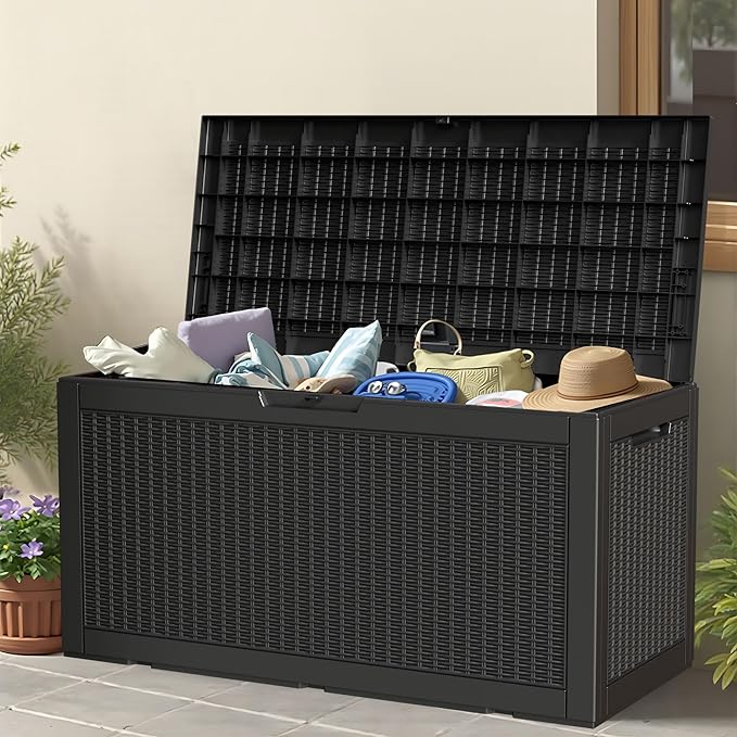 100 Gallon Storage Box, Waterproof Resin Deck Box with Hydraulic Piston Design, Lockable Storage Bench for Package Delivery, Storage Bin for Patio Cushions, Garden Tools, Black-HomvellaHome