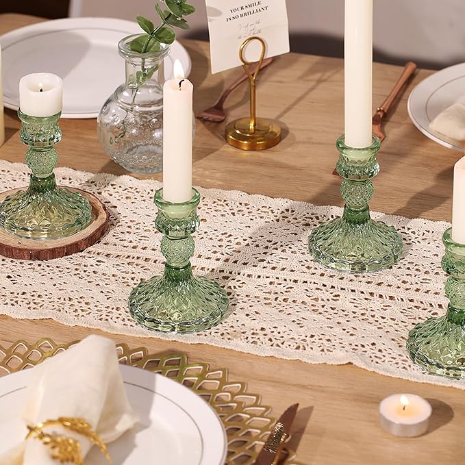 12Pcs Green Candlestick Holders Set- 4" H Taper Candle Holders Bulk, Glass Candle Holders for Wedding, Party, Romantic Dinner Table Centerpieces, Festival Gifts & Windowsill Decor-HomvellaHome
