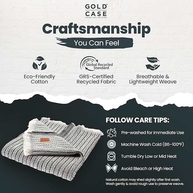 Gold Case Throw Blanket for Couch – 100% Recycled Turkish Cotton Blankets & Throws – Elegant Decorative Throw Blankets for Living Room Sofa – Woven Throws for Couch – Retro Black – 50x60-HomvellaHome