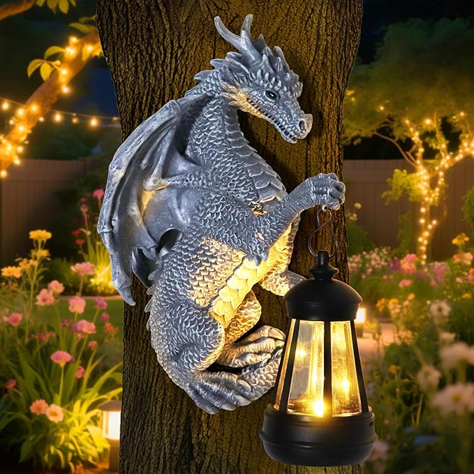 Garden Statues Tree Hugger Dragon - Halloween Dragon Statue Solar Lights Outdoor Patio Wall Decor,Christmas& Mothers Day&Birthday Gifts for Grandma Mom Women,Ideas Arts Crafts Waterproof Resin Lantern-HomvellaHome