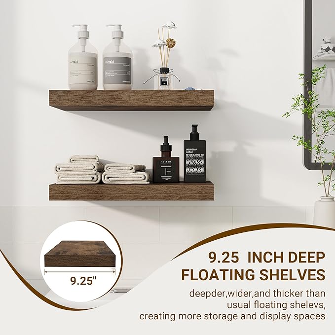 16 Inch Floating Shelves, 16"x9.25"x1.5" Inch Deep Floating Shelves for Wall, Wooden Shelves for Bathroom, Bedroom, Living Room, Brown-HomvellaHome