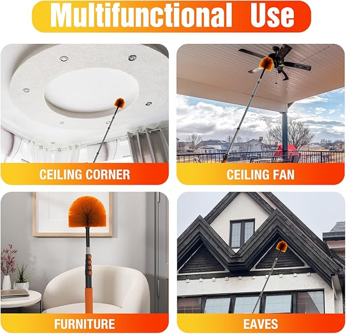 12FT (20FT Reach) Cobweb Duster with Extension Pole, Spider Web Brush for Cleaning Extendable, Professional Ceiling and Corner Dusters for Outdoor Indoor Use-HomvellaHome