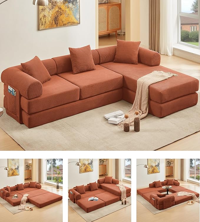 107" Oversized Convertible Sleeper Sofa Bed, Corduroy L Shape Sectional Couch, Folding Sofa Bed with Side Pocket, Modern Cloud Floor Mattress Couch, Modular Sofa for Living Room, Orange-HomvellaHome