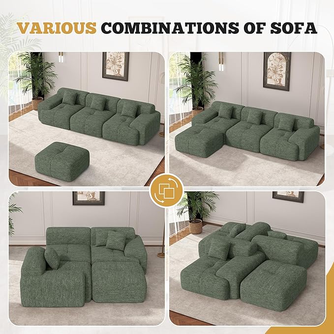 122" Modern L Shaped Modular Sectional Sofa, Boneless Couches for Living Room with Ottoman,4 Seater Convertible Chenille Cloud Couch Sofa Set, No Assembly Required, Green 1 PCS-HomvellaHome