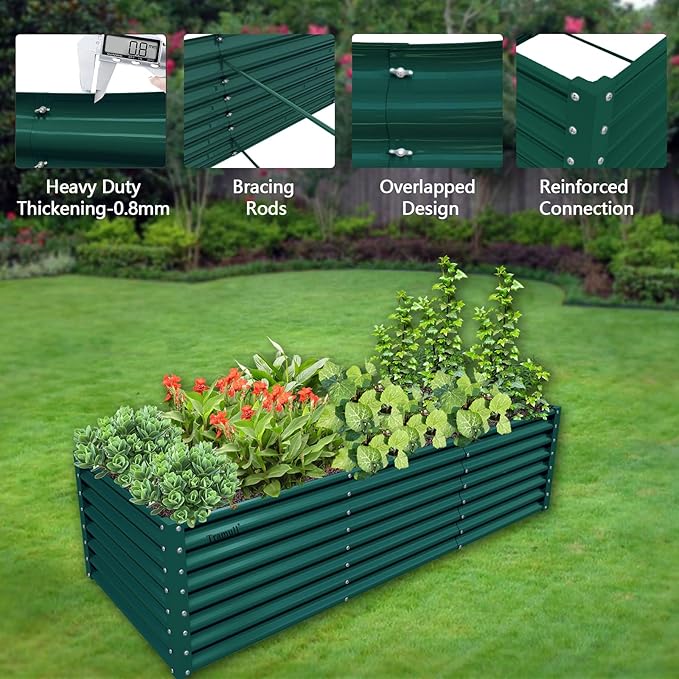 1 Pack 8x3x2FT Galvanized Raised Garden Bed Kit Retangular Metal Ground Planter Box Outdoor Bottomless Planter Raised Beds for Vegetables Flowers Herbs Fruits, Green-HomvellaHome
