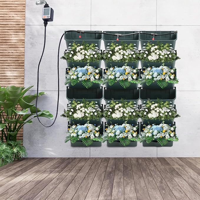 18 Pots Self-Watering Vertical Wall Planter, 39.4”L x 39.4”H Stackable Plastic Wall-Mounted Plant Grow Pots, Wall Hang Garden Planter Outdoor Indoor for Herbs Flowers Strawberries (Green)-HomvellaHome