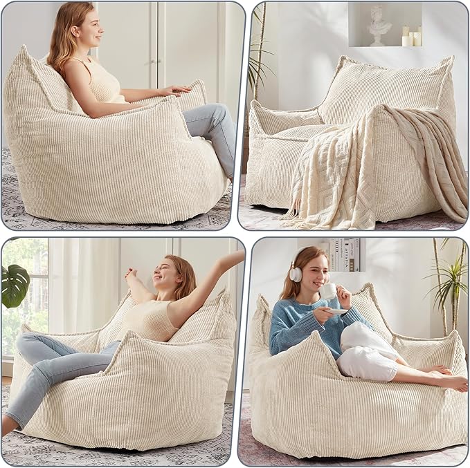 Giant Bean Bag Chair Sofa for Adults Teens, Comfy Corduroy Large Bean Bag Chairs with Armrests for Bedroom Living Room, Adult BeanBag Lazy Sofa Couch Chairs with Filler Included-HomvellaHome