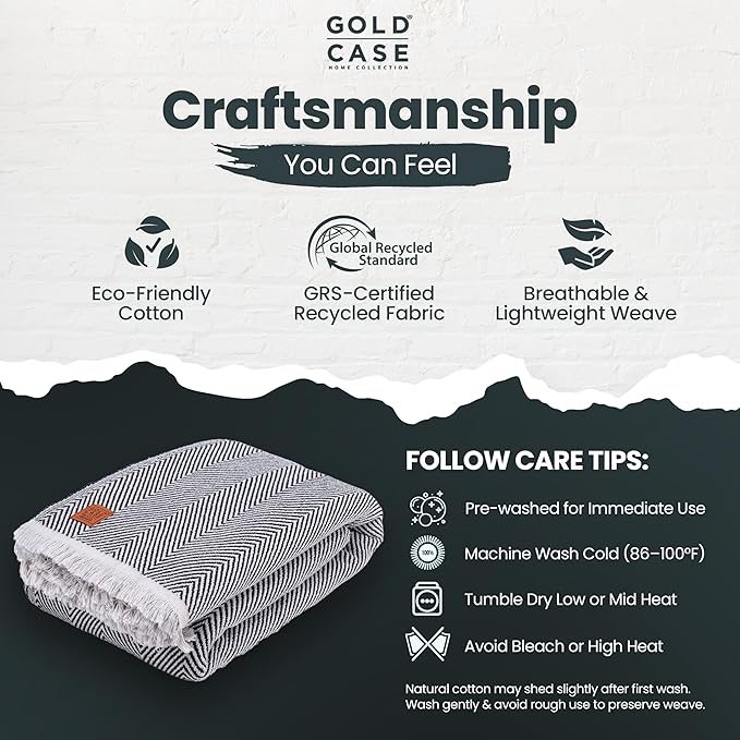 Gold Case Throw Blanket for Bed – 100% Recycled Turkish Cotton Bed Blanket – Decorative Throw Cotton Blankets for Living Room & Bedroom – Elegant Black Woven Queen Blankets – 90x90-HomvellaHome